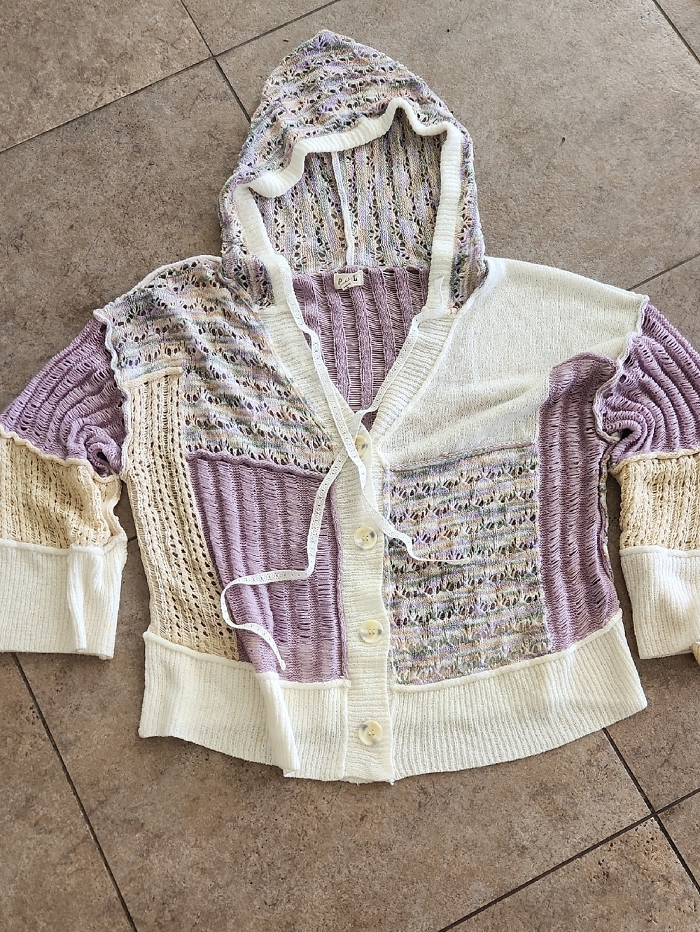 POL...Lavender and Cream Hooded Button-Front Cardigan